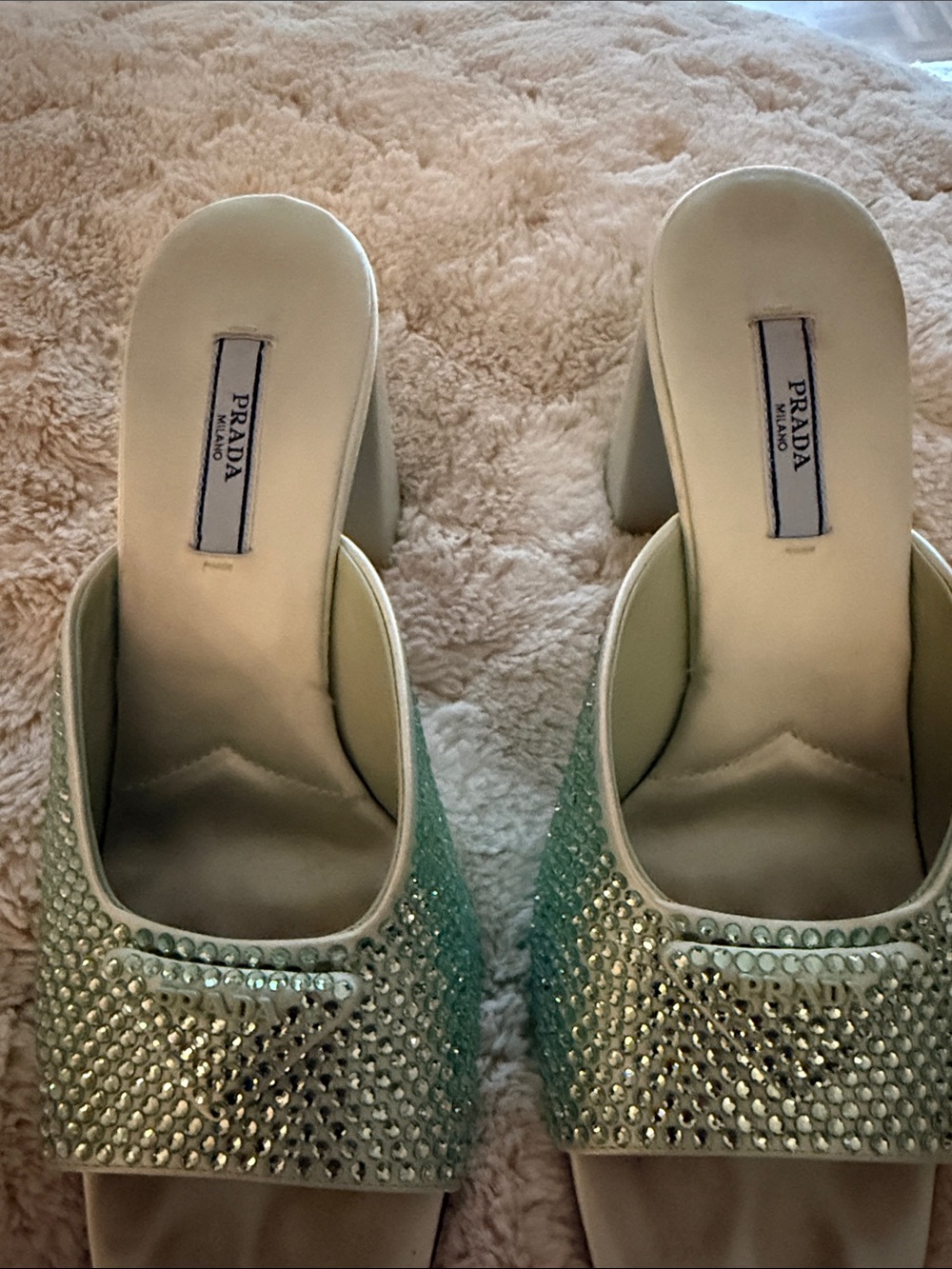 Prada Crystal-Embellished Light Green Mule Sandals